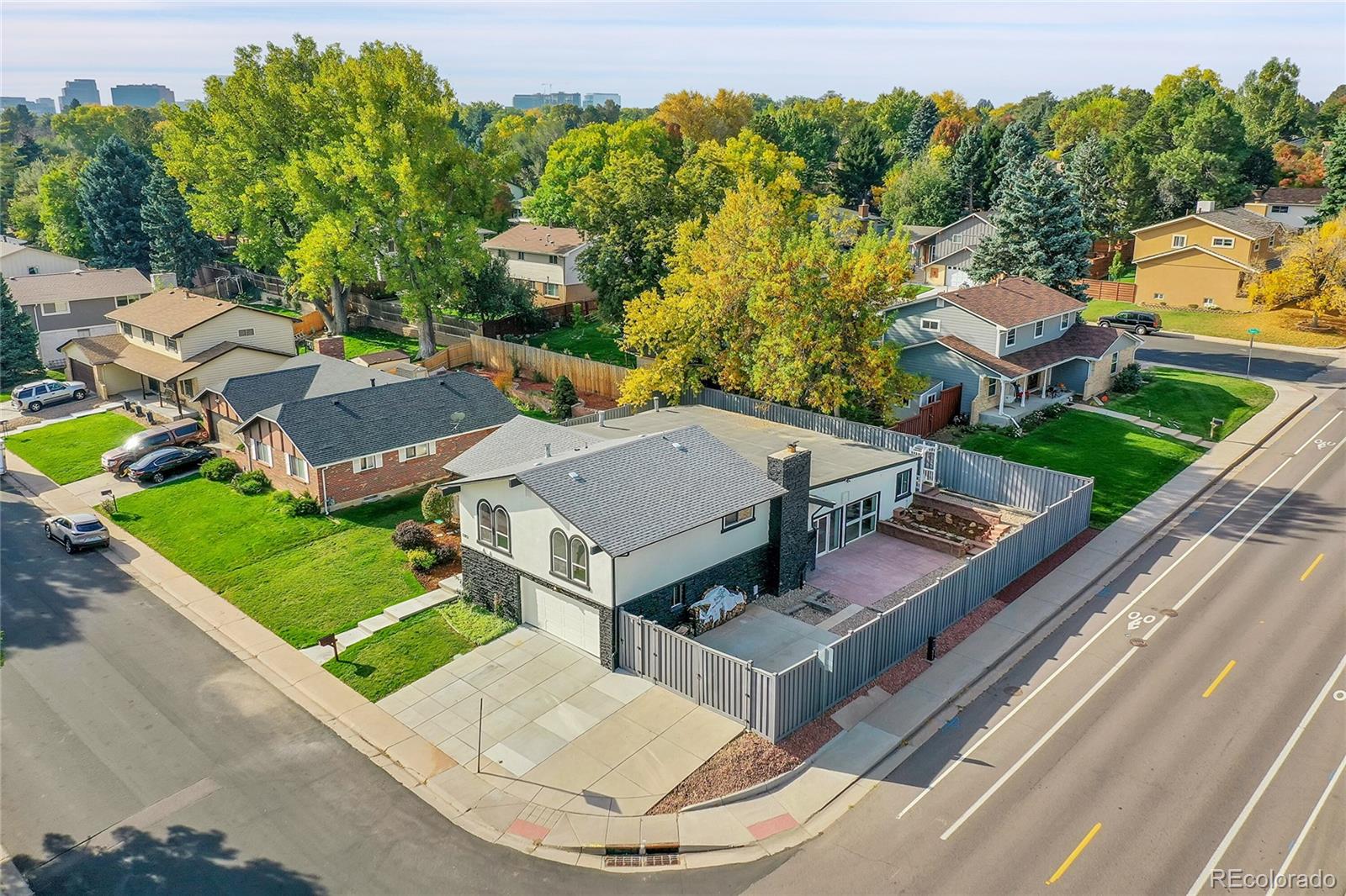 an aerial view of a house with a garden