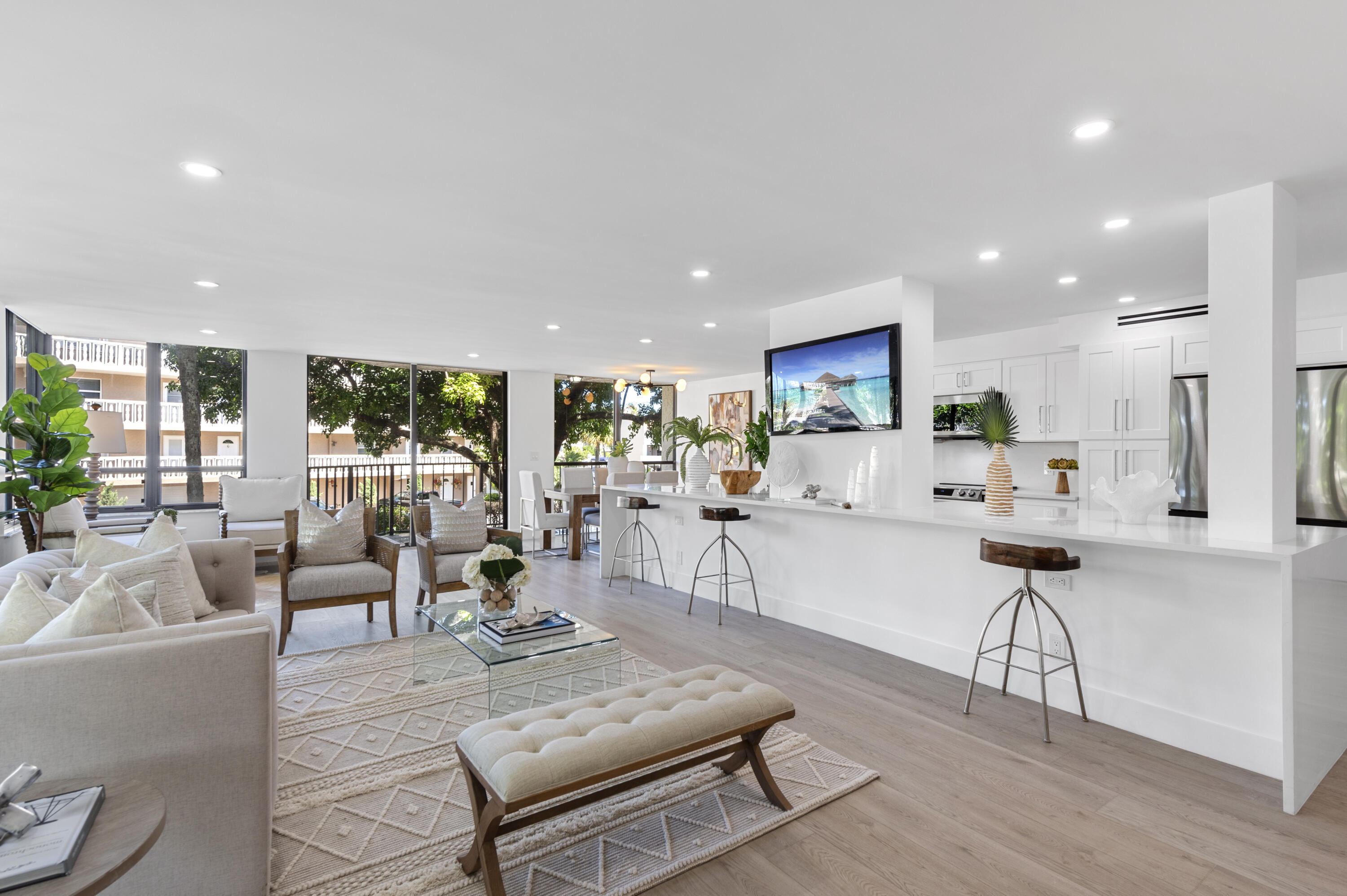 a living room with furniture and a table