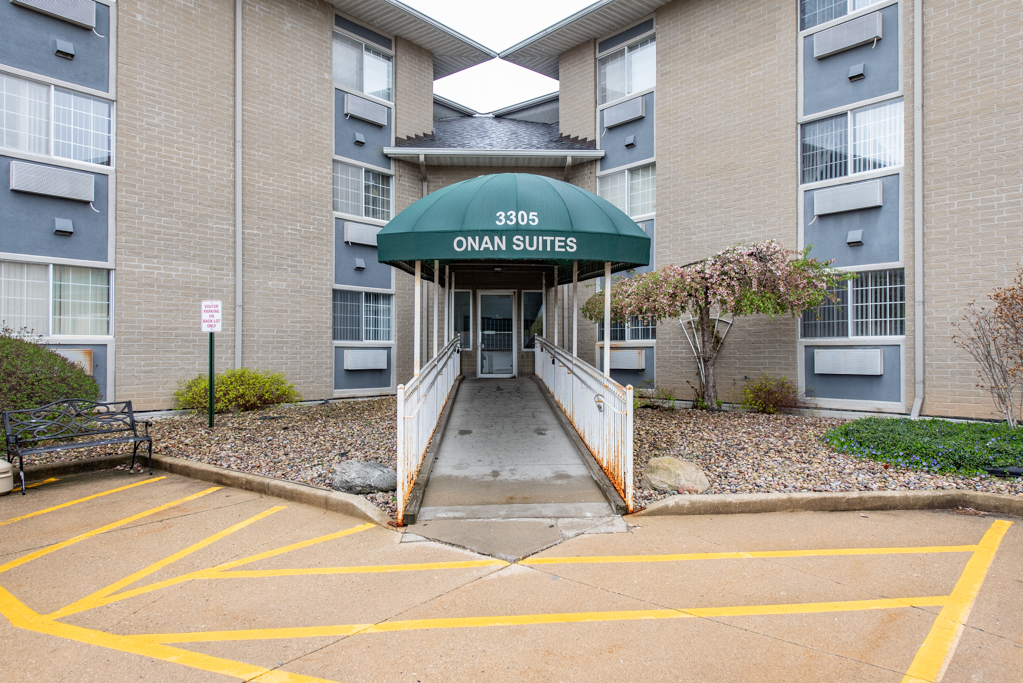 a front view of a building with entryway