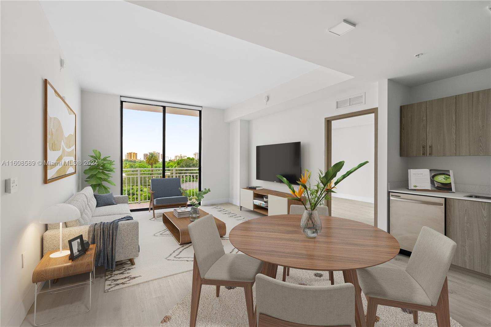 a view of a dining room with furniture window and outside view