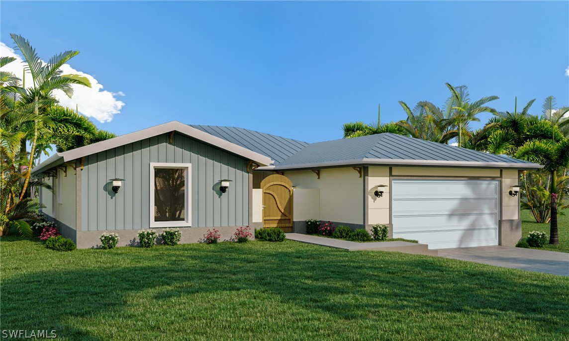 a front view of house with yard and green space