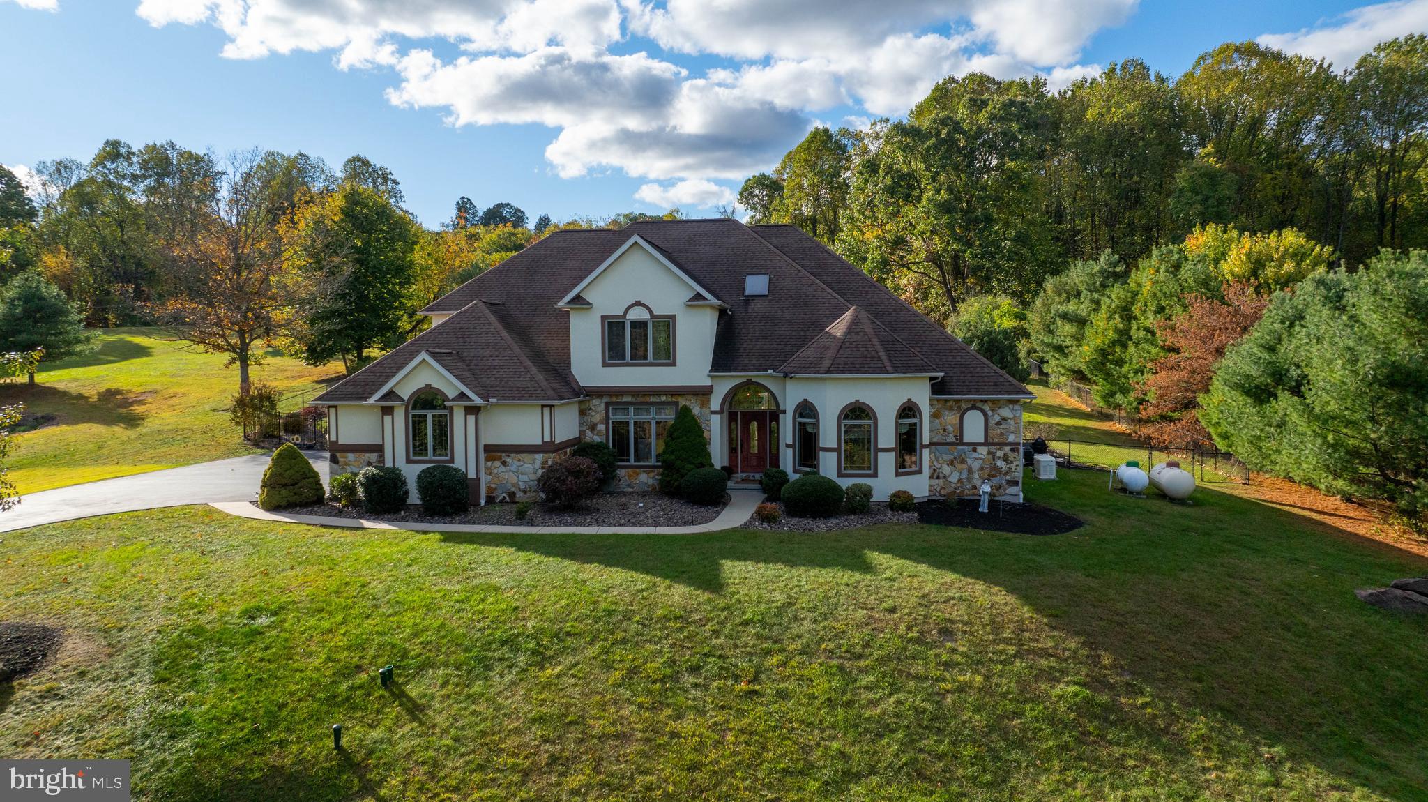 a front view of a house with yard and green space