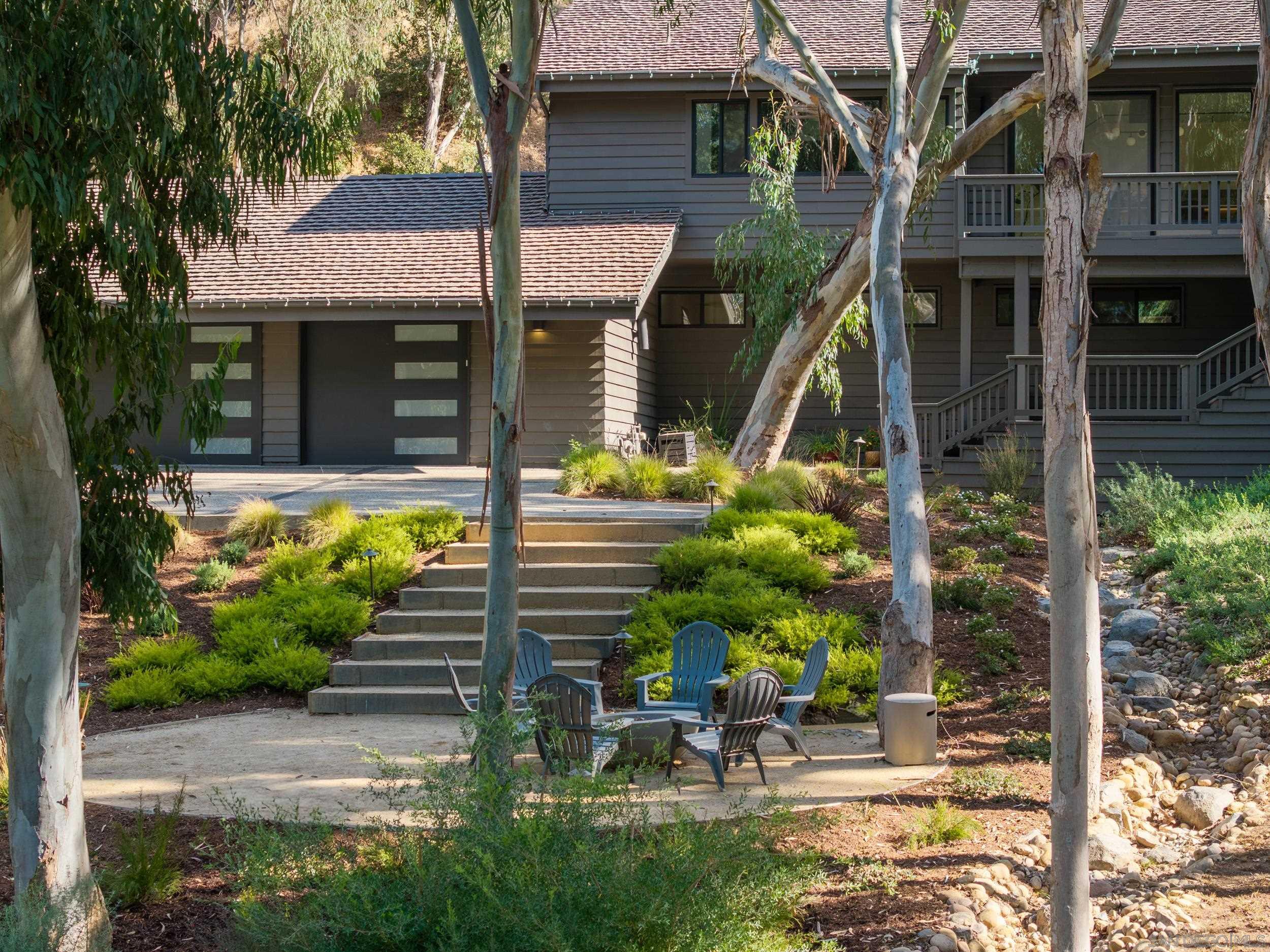 a backyard of a house with outdoor seating