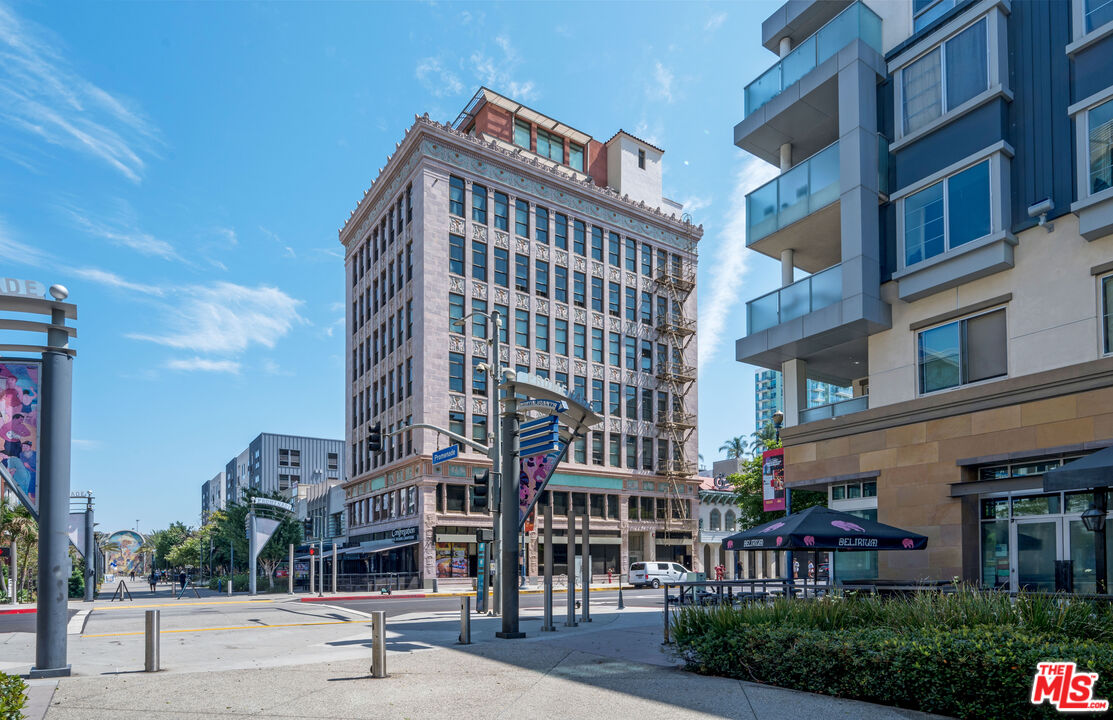 a view of a building and a street