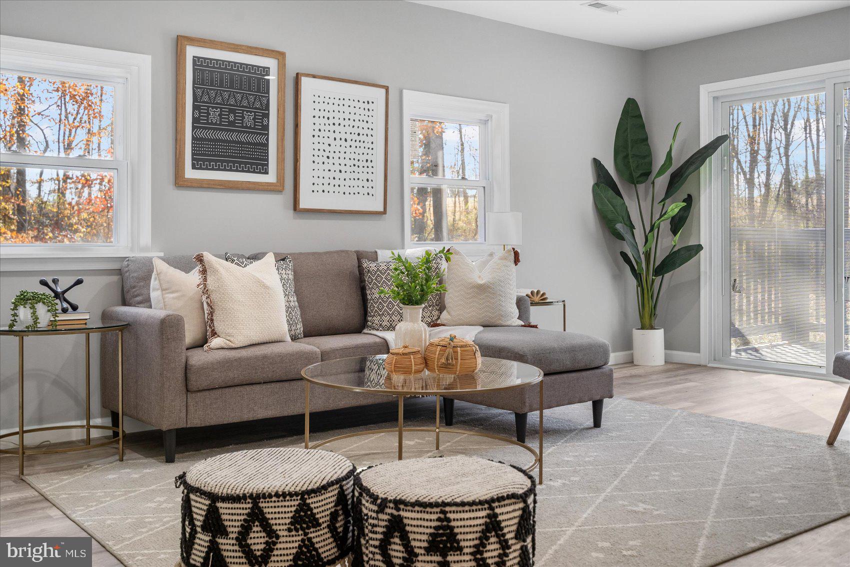 a living room with furniture potted plant and a window