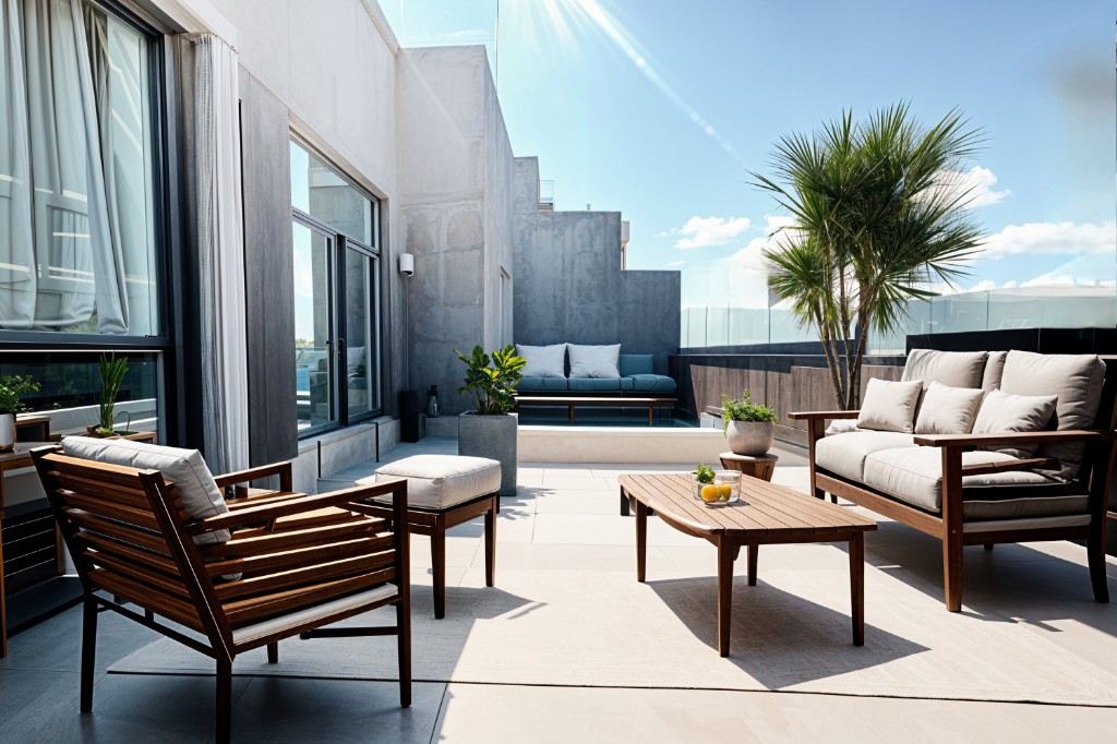 a outdoor living space with furniture and a potted plant