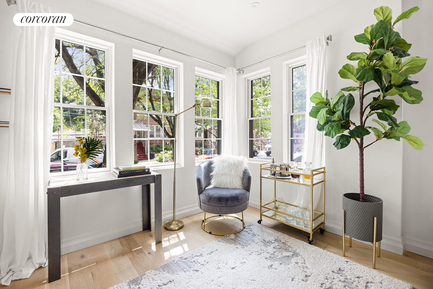 a living room filled with furniture and a potted plant