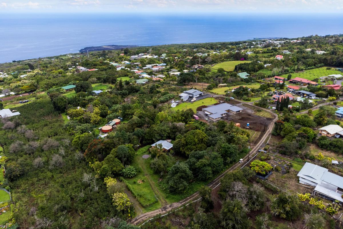 an aerial view of residential houses with outdoor space and trees