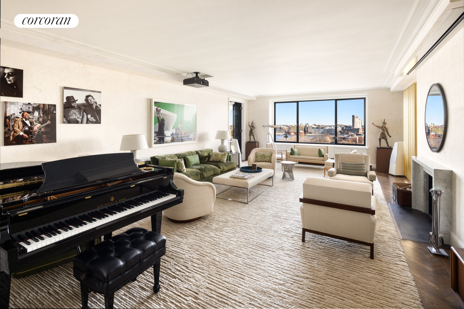 a living room with furniture and a piano