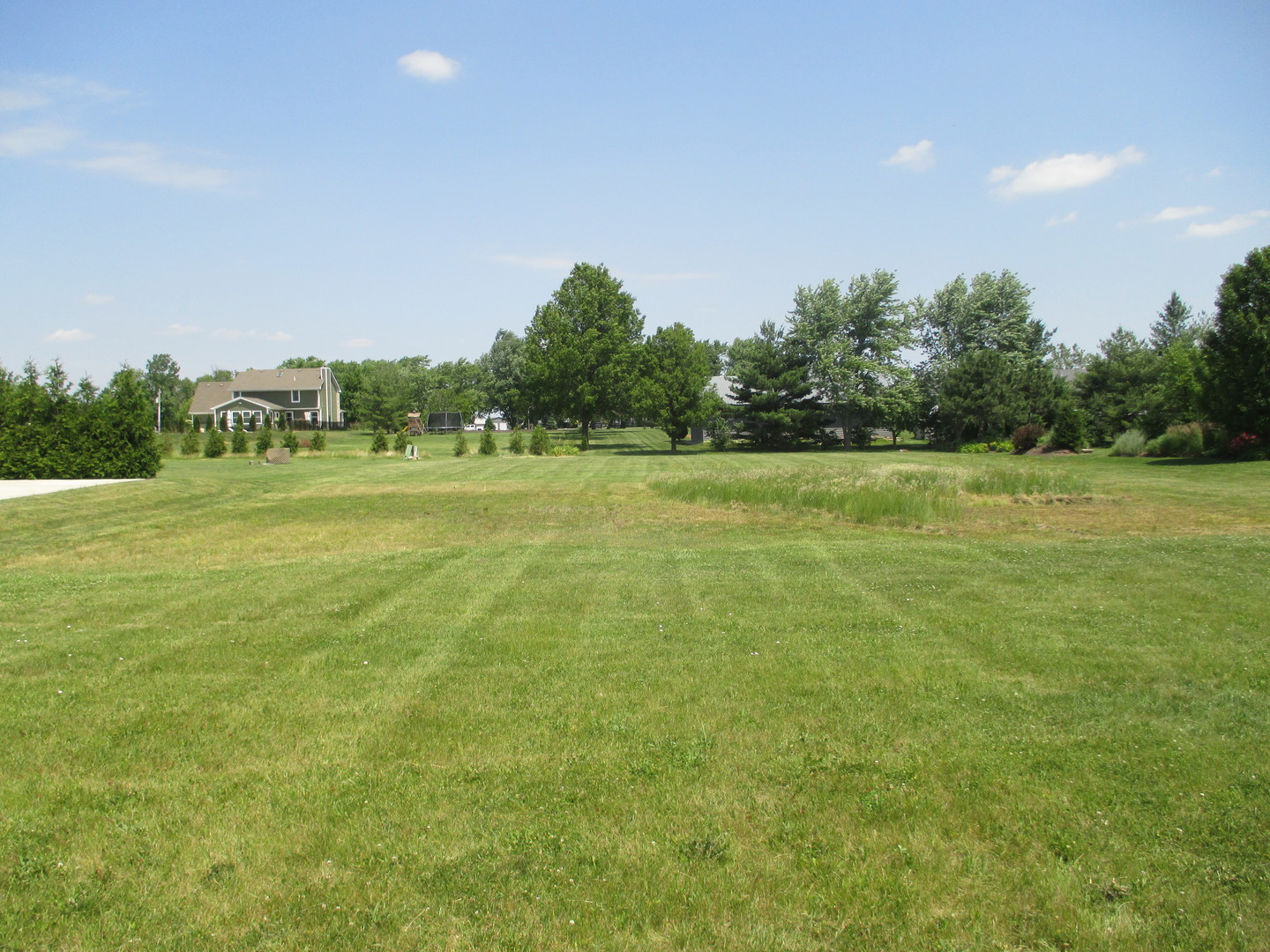 a view of a field with an trees in the background