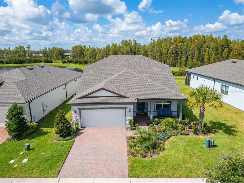 a aerial view of a house with a yard plants and large tree