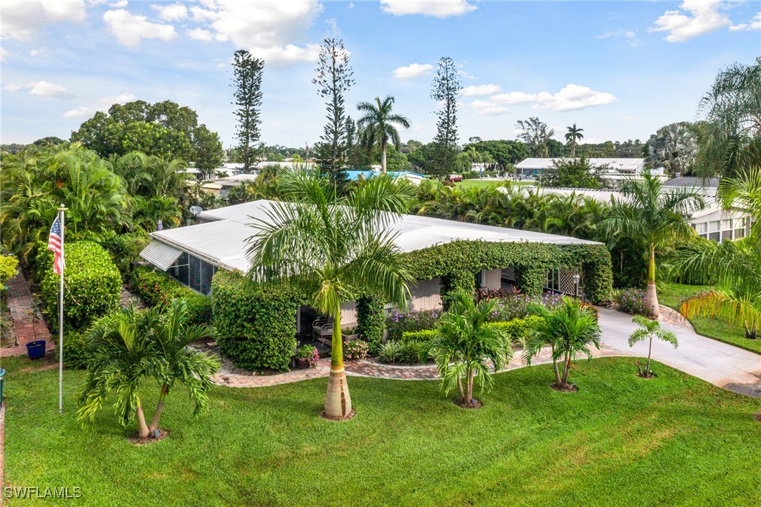 a view of a garden with a fountain