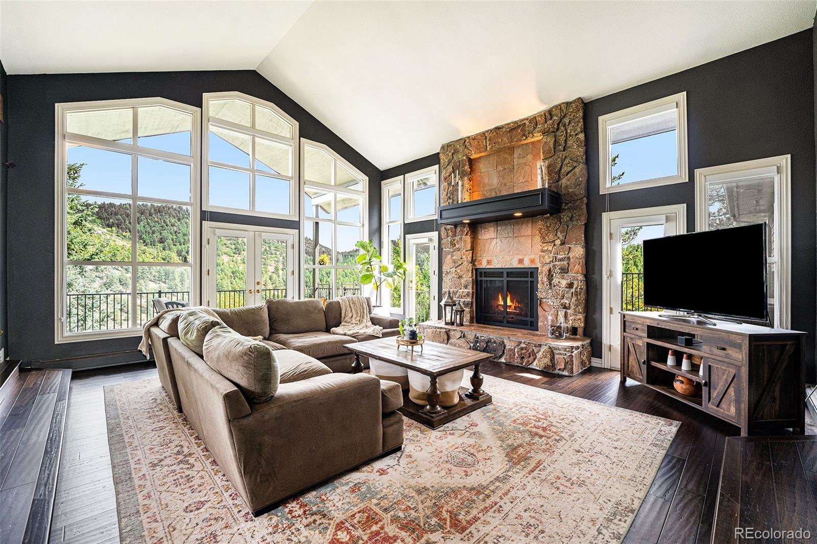 a living room with furniture tv and a fireplace