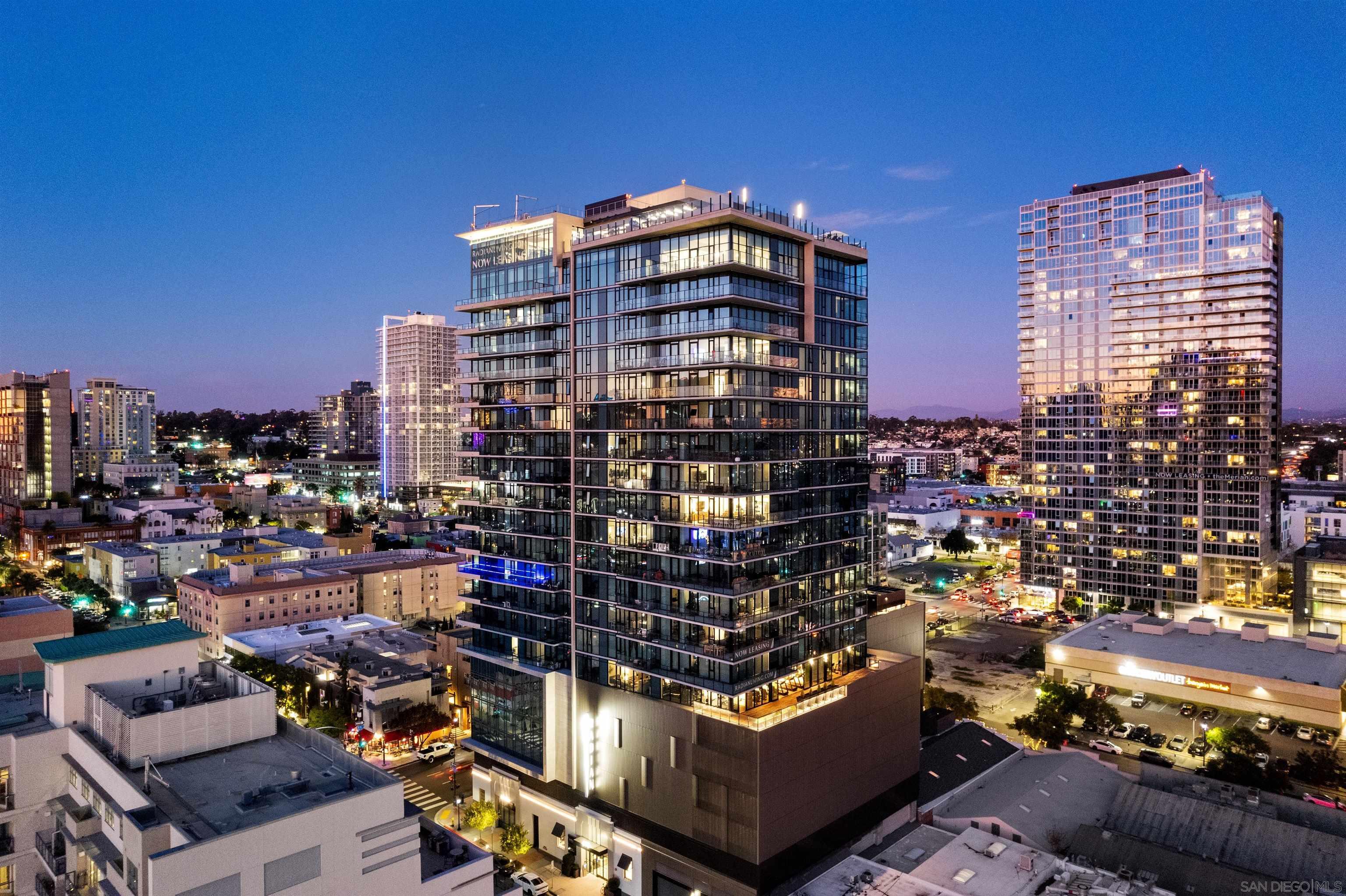 a city view with tall buildings