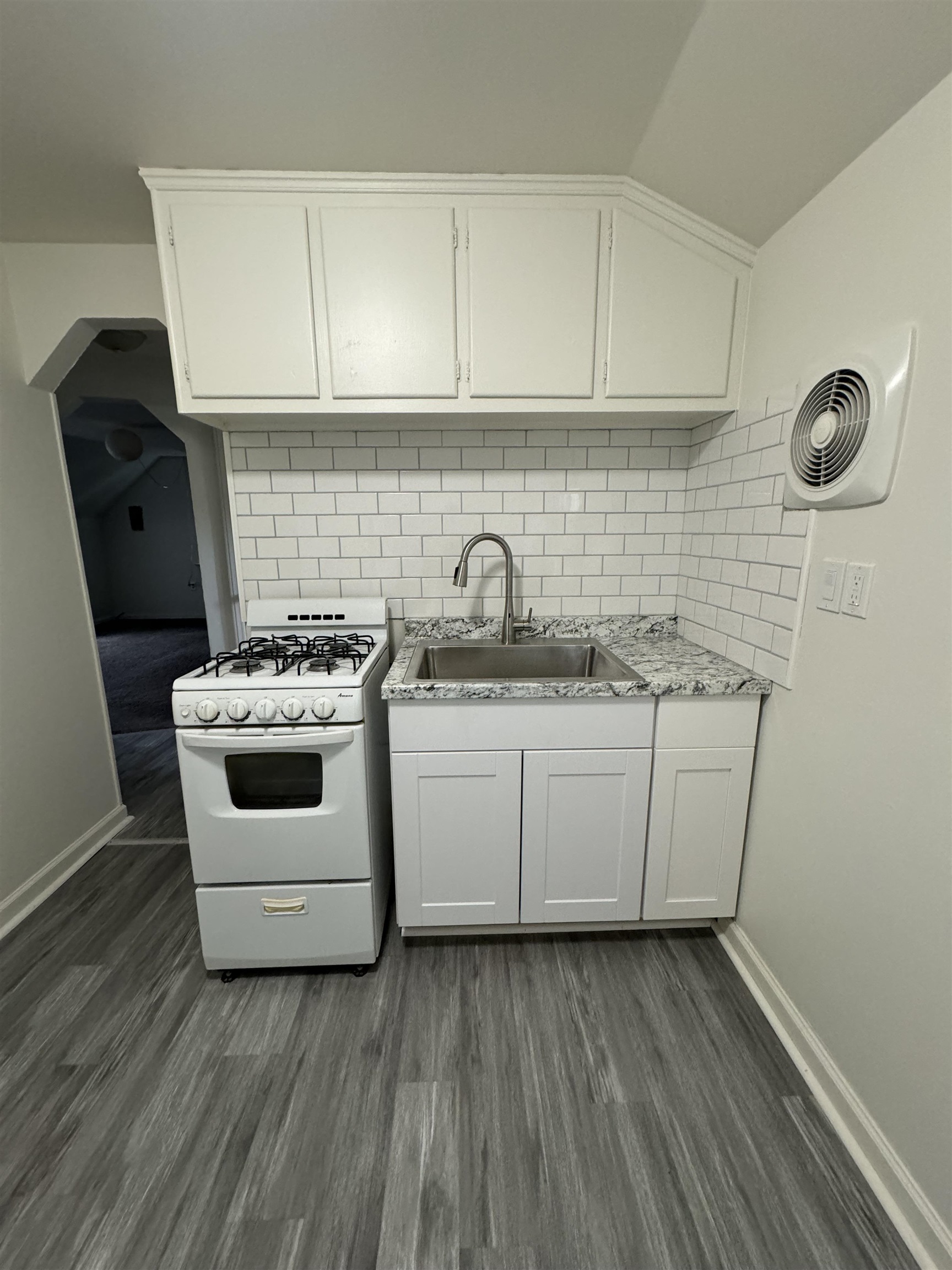 a kitchen with a sink a stove and cabinets