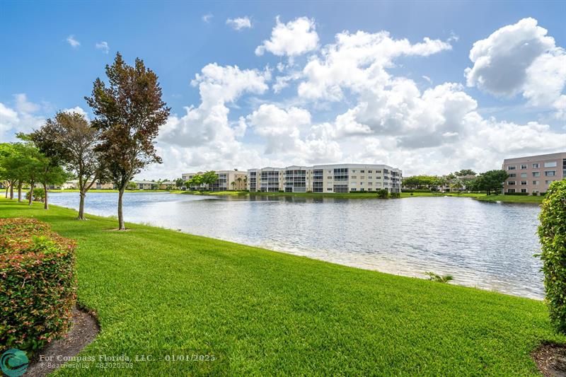 a view of a lake with houses in the back