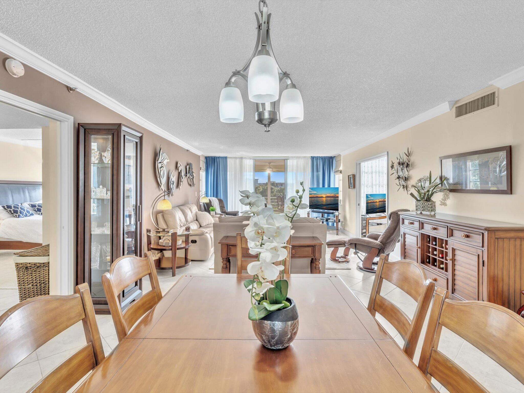 a living room with furniture potted plant chandelier and a large window