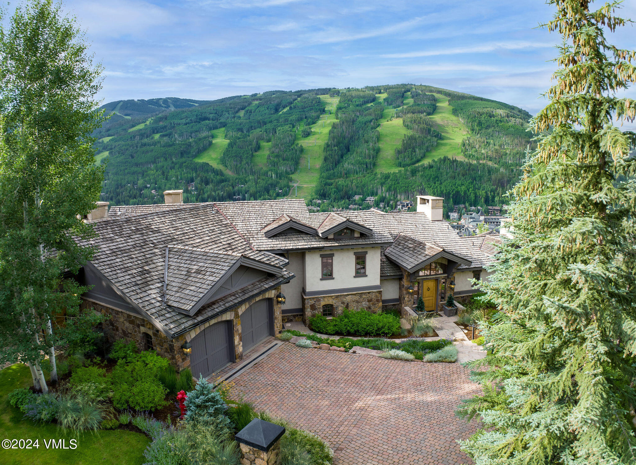 an aerial view of a house with a yard and potted plants