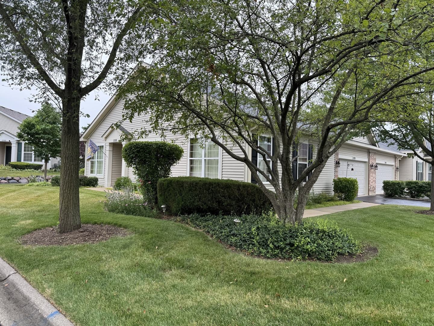 a front view of a house with a yard and an tree