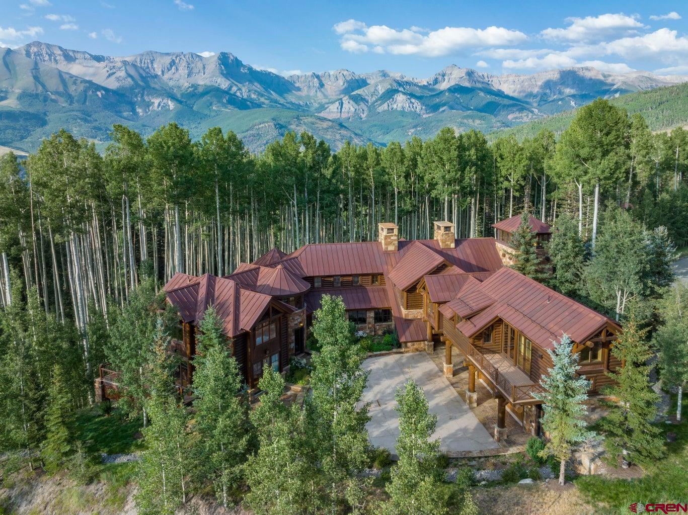 an aerial view of a house with a yard and a large tree