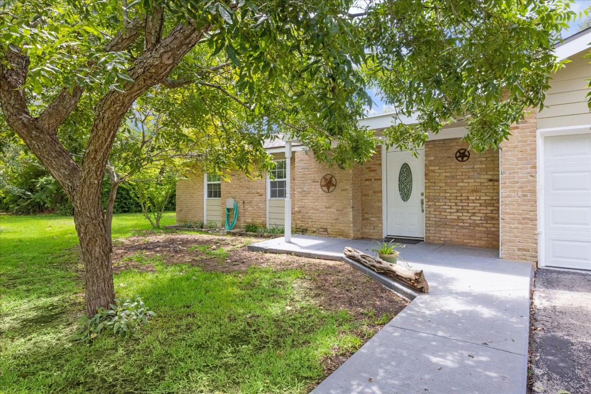 a view of a house with backyard and a tree