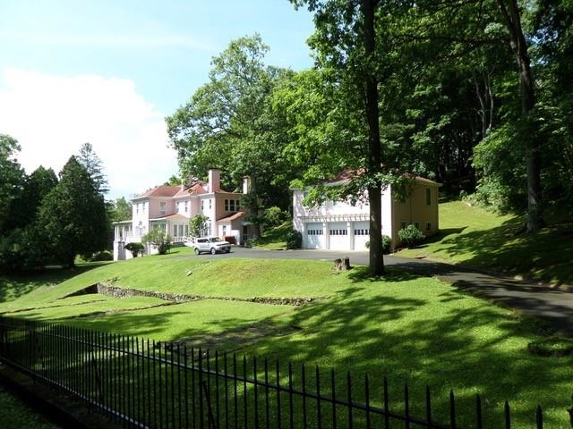 a view of a big yard with plants and large trees