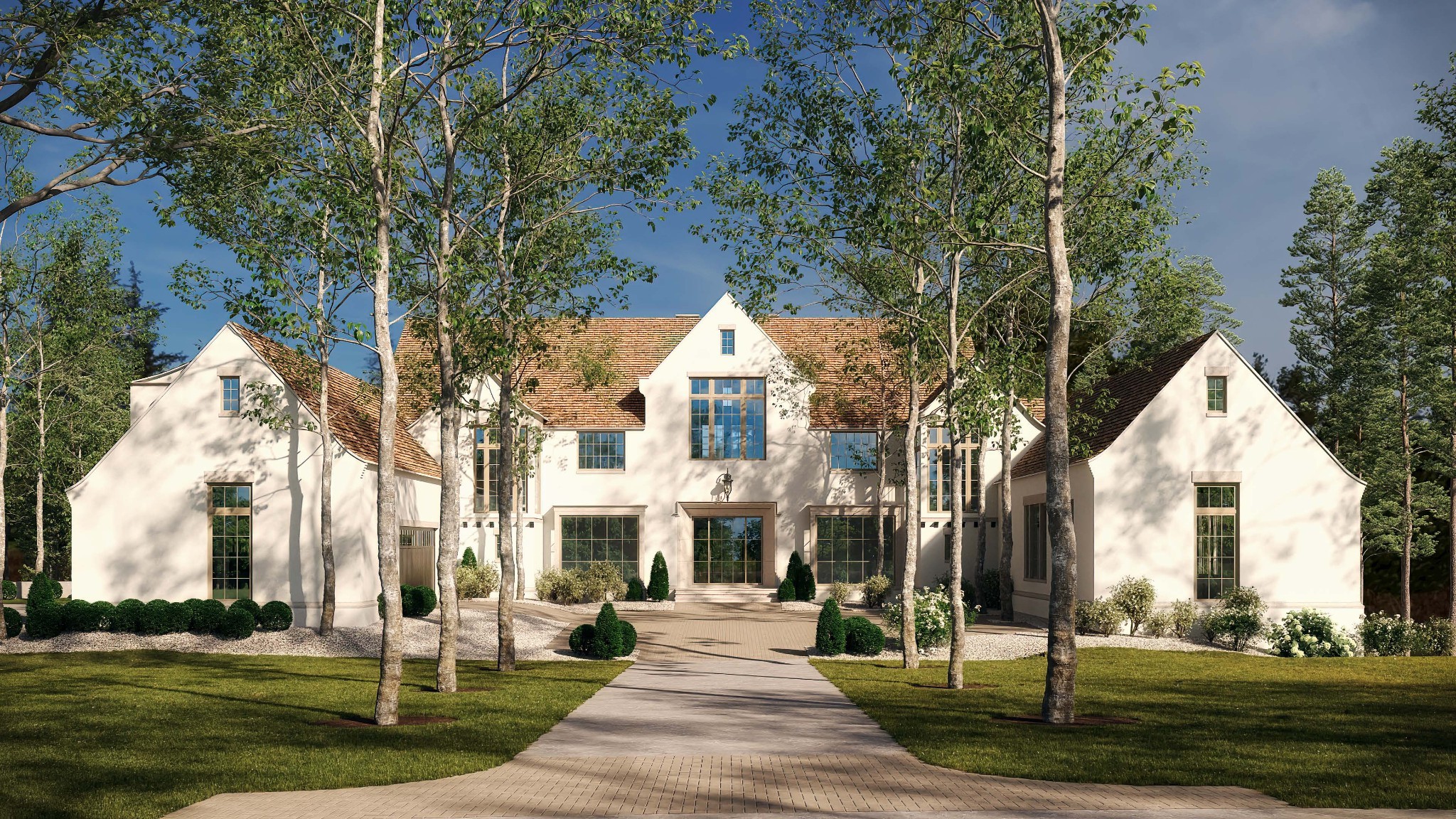 a view of a white house with a yard