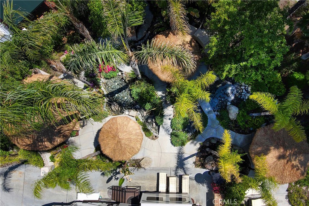 an aerial view of a swimming pool