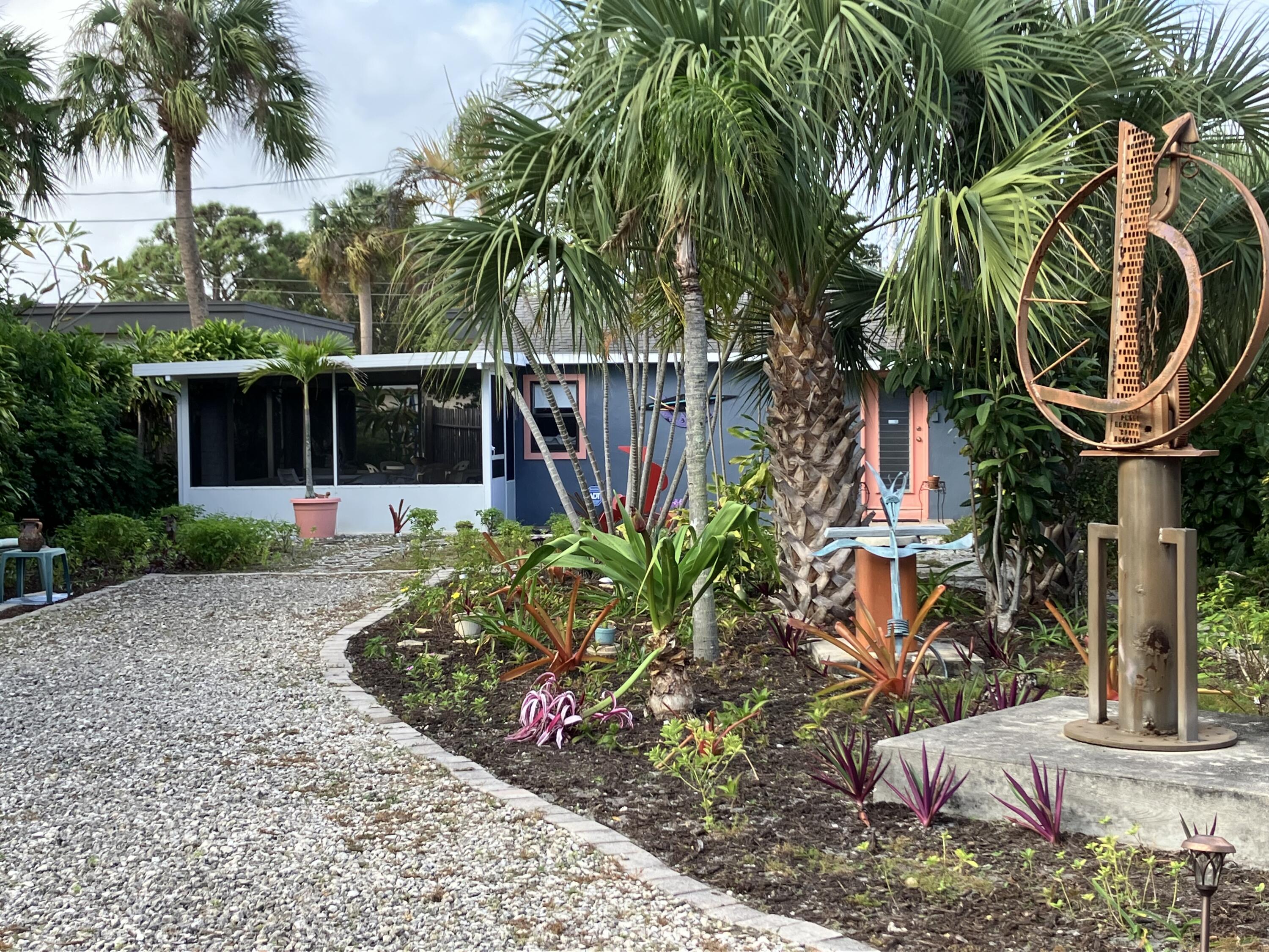 a view of a backyard with potted plants and palm trees