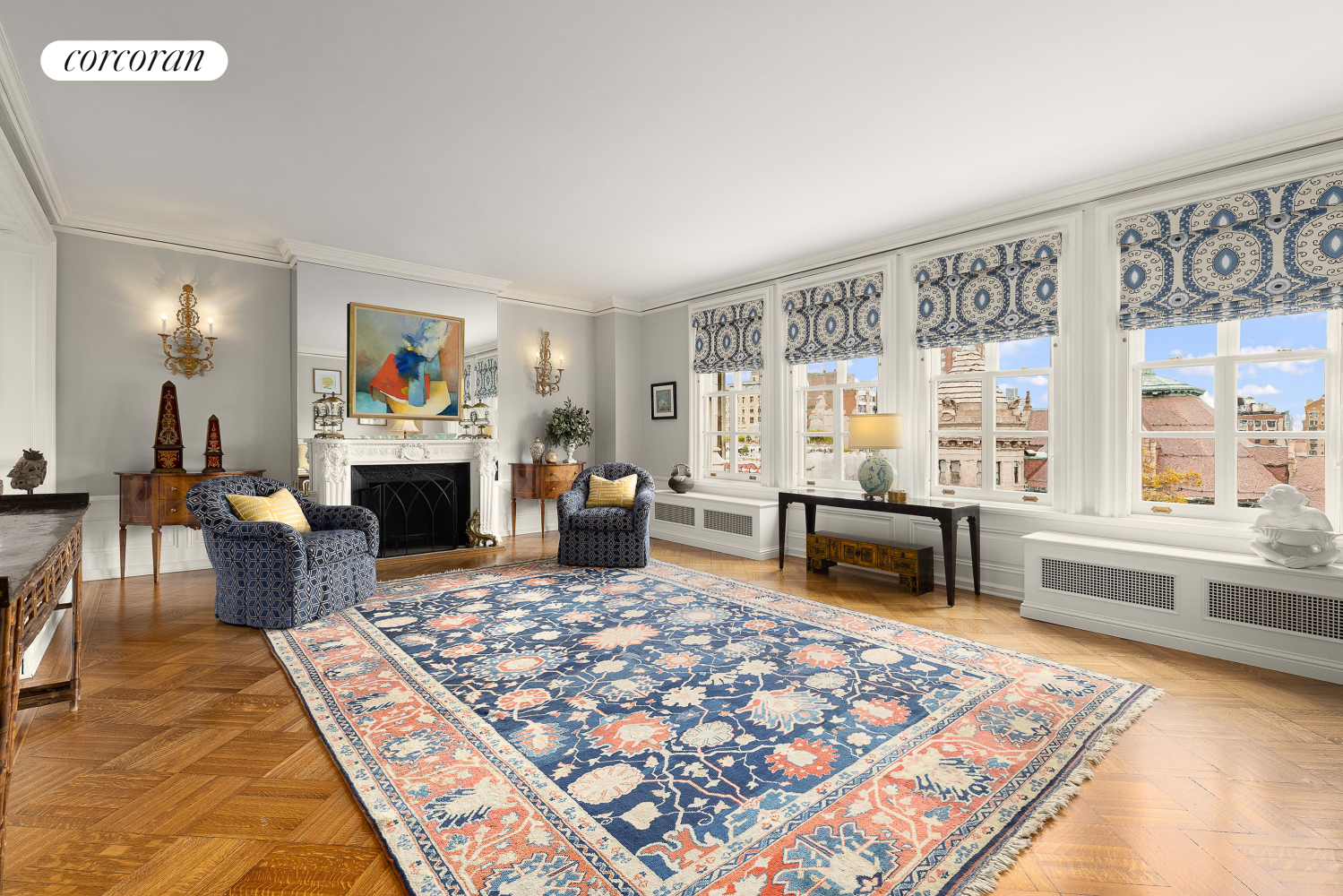 a living room with furniture rug and window