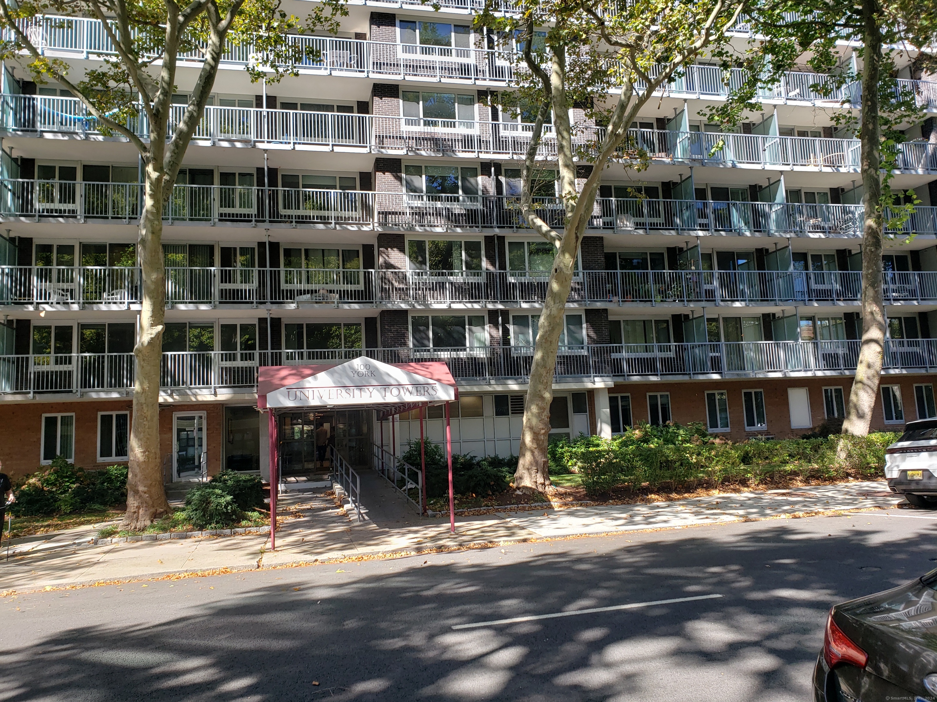 a front view of a building with street