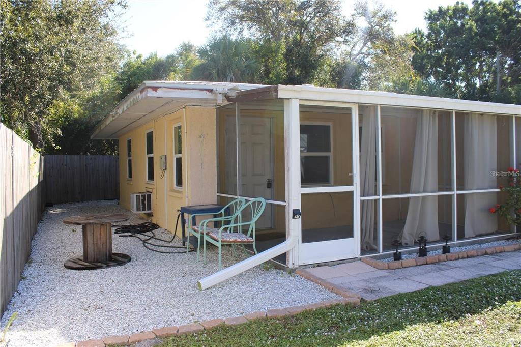 an outdoor view with patio