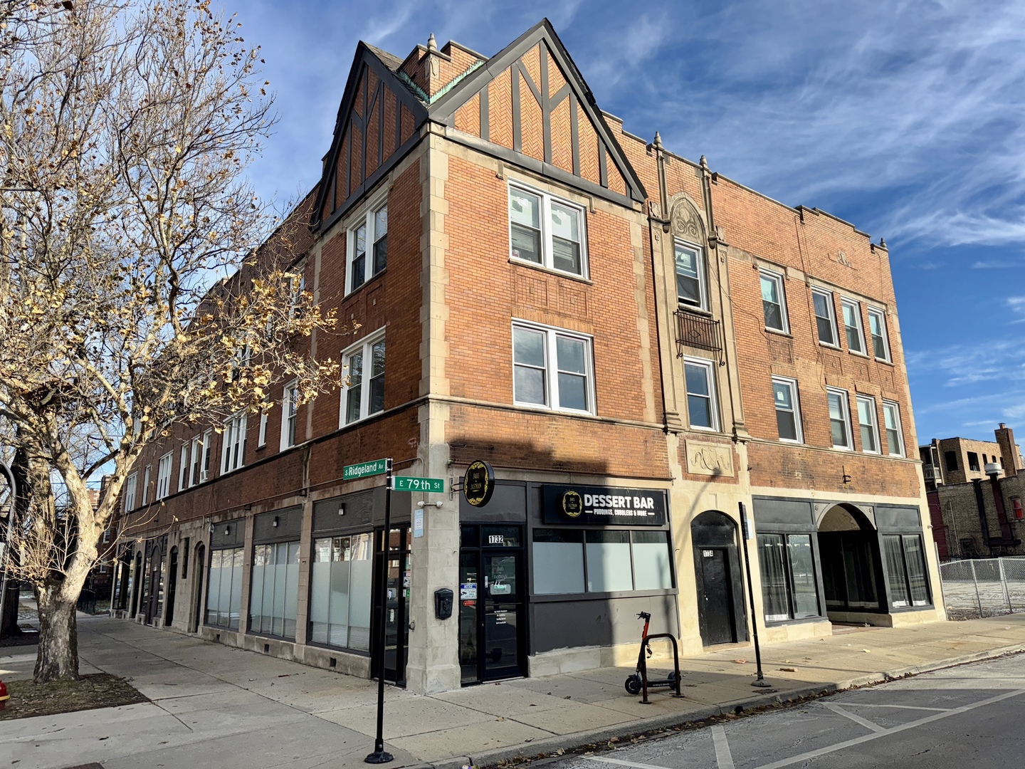 a view of a building with a street