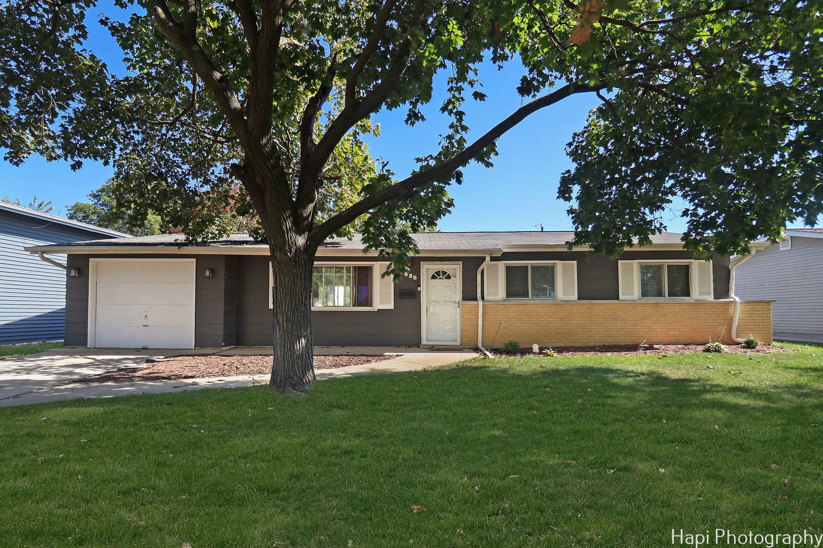 a front view of a house with a yard and trees