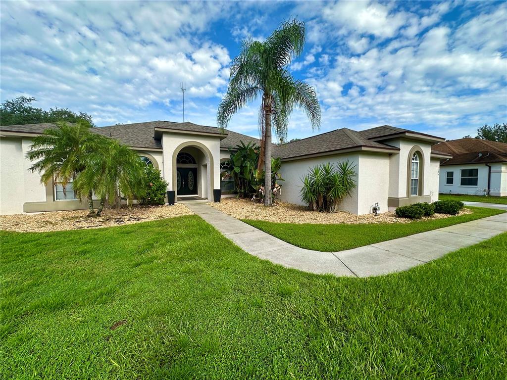 a front view of a house with yard and green space