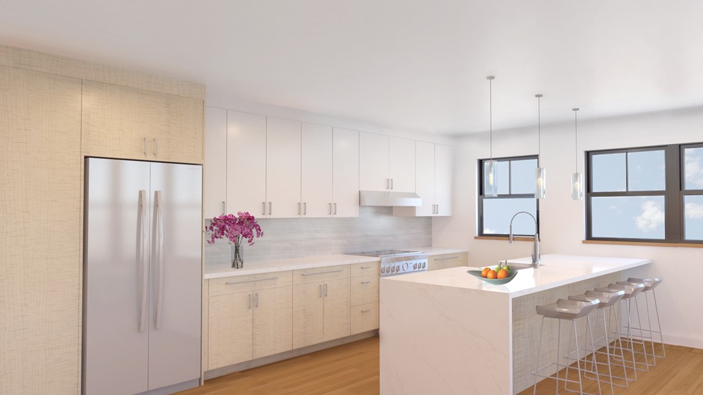 a kitchen that has a sink cabinets counter space and appliances