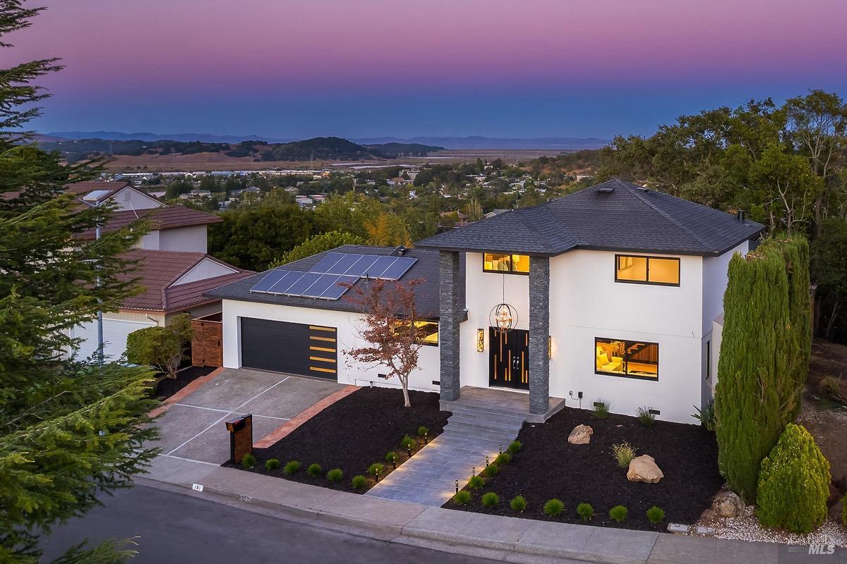 an aerial view of a house with a garden