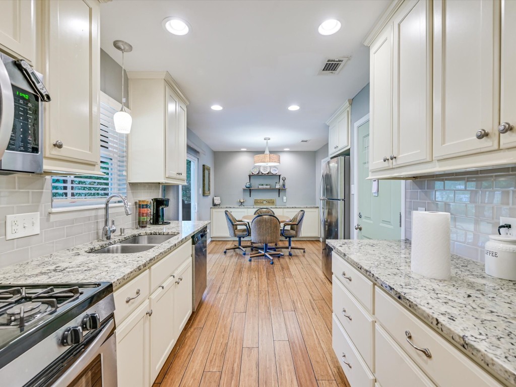 Beautiful hard wood floors in fully remodeled kitchen