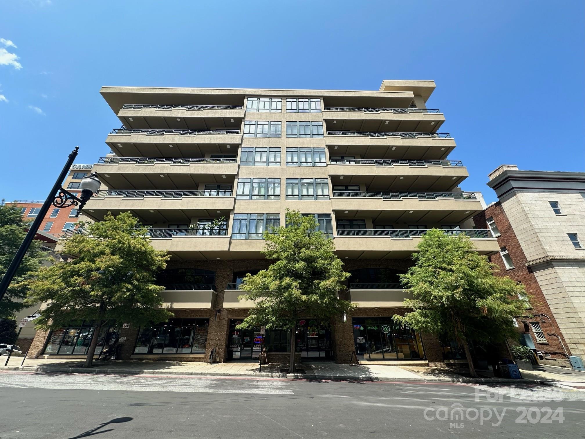 front view of a building with a street