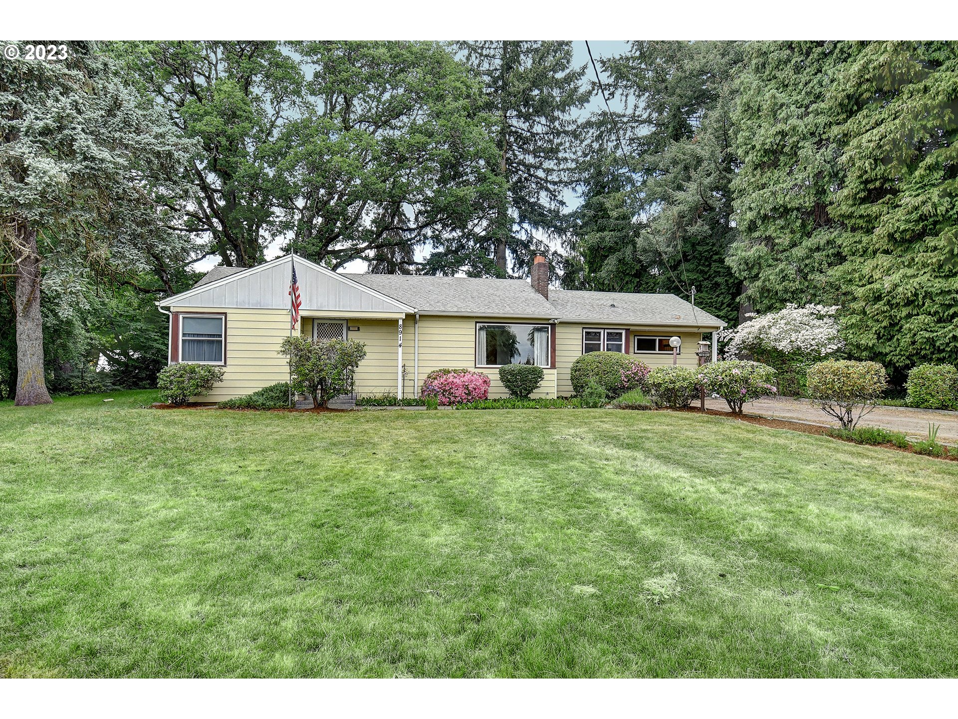 a front view of a house with a yard and trees