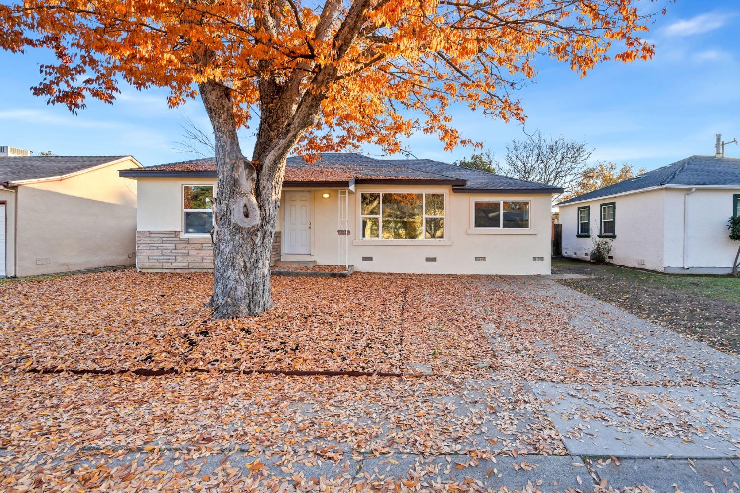 a front view of a house with a tree