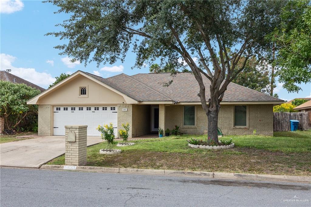 a view of a house with a yard plants and large tree