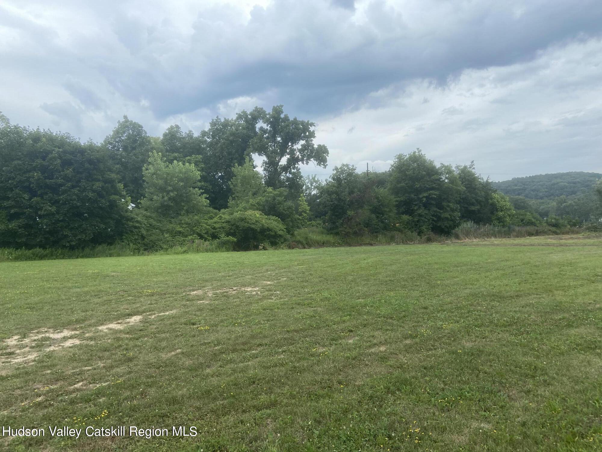 a view of a field with an trees in the background