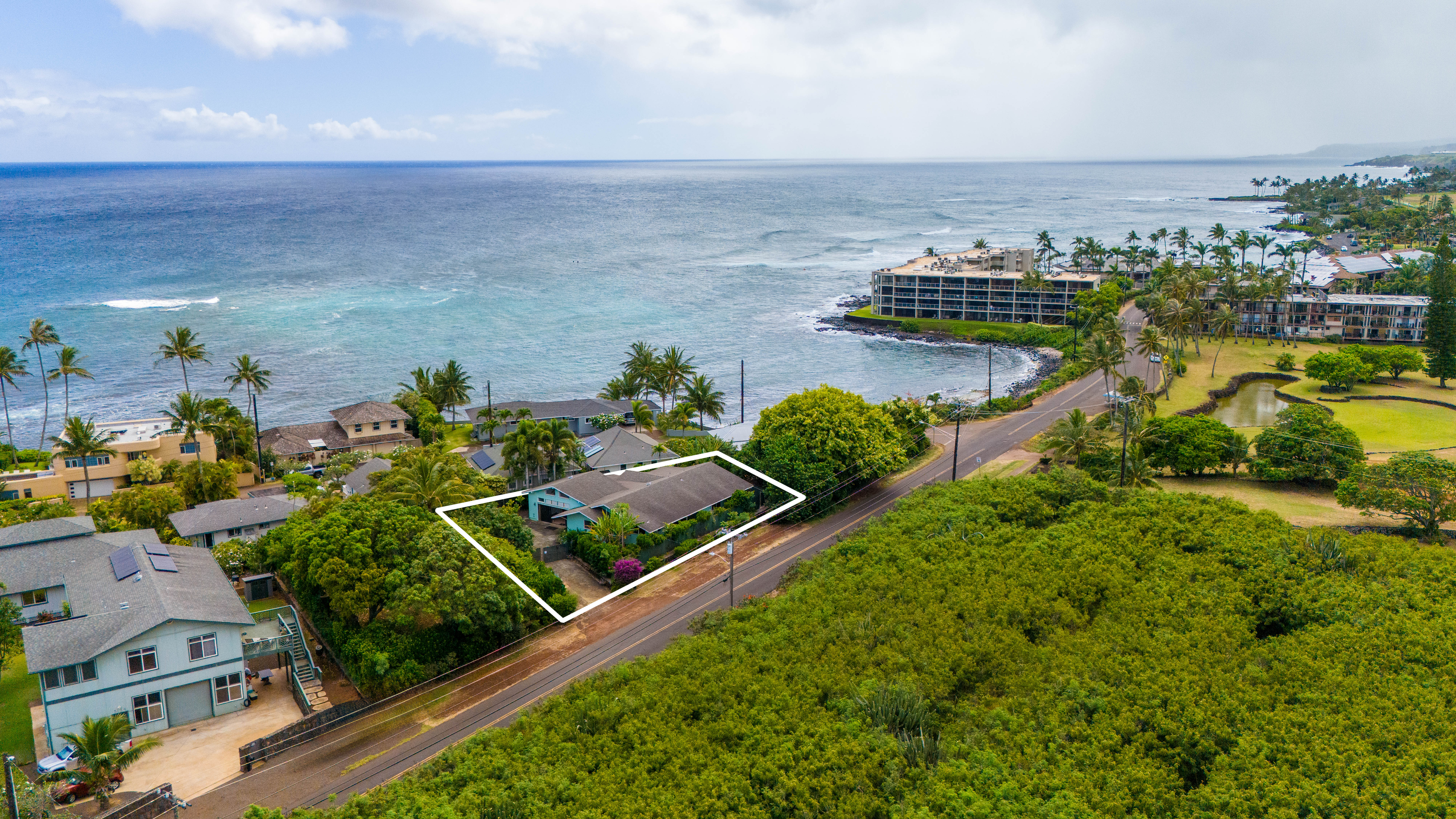 an aerial view of a house with a garden