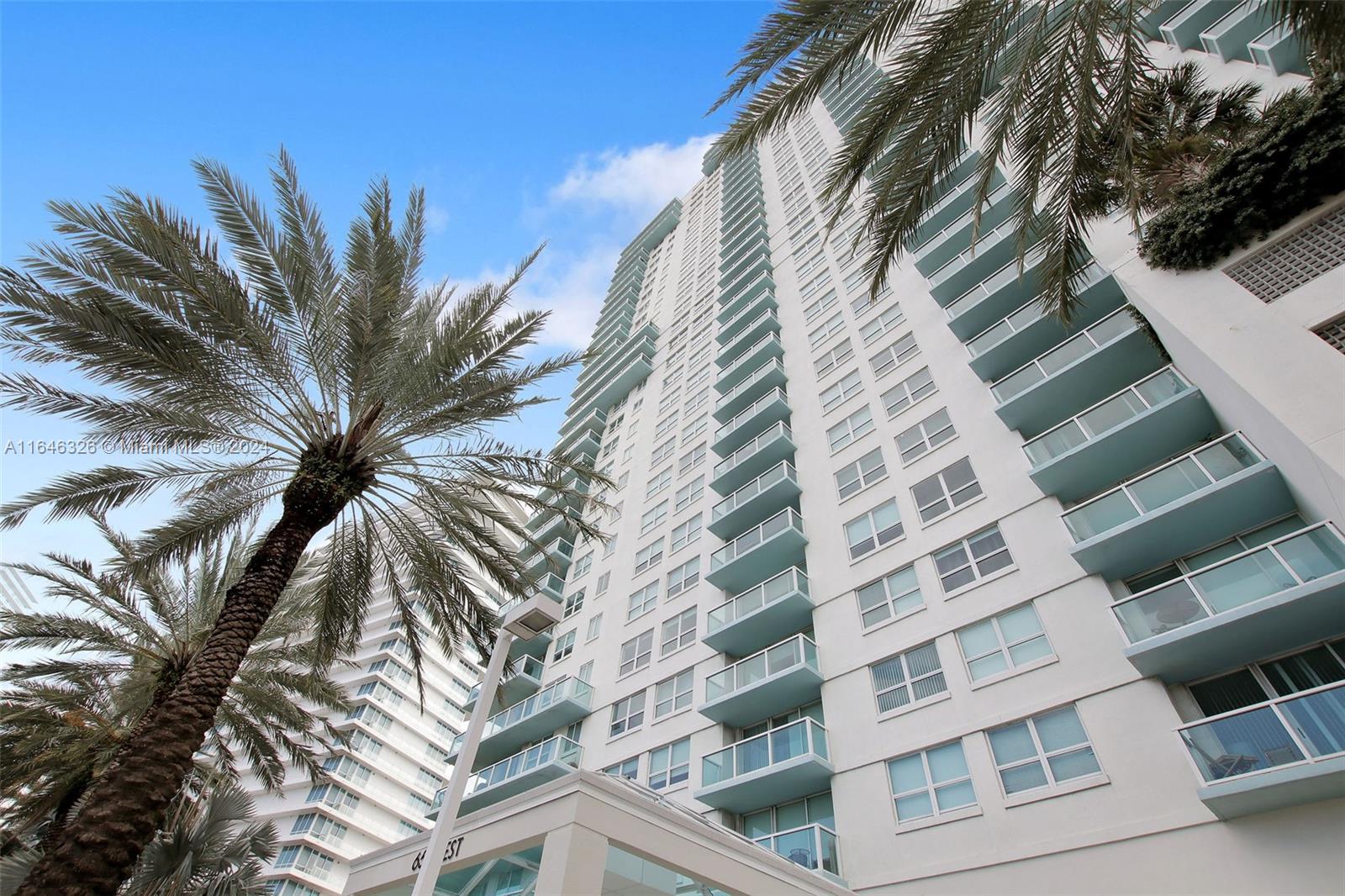 a view of a tall building with a palm tree