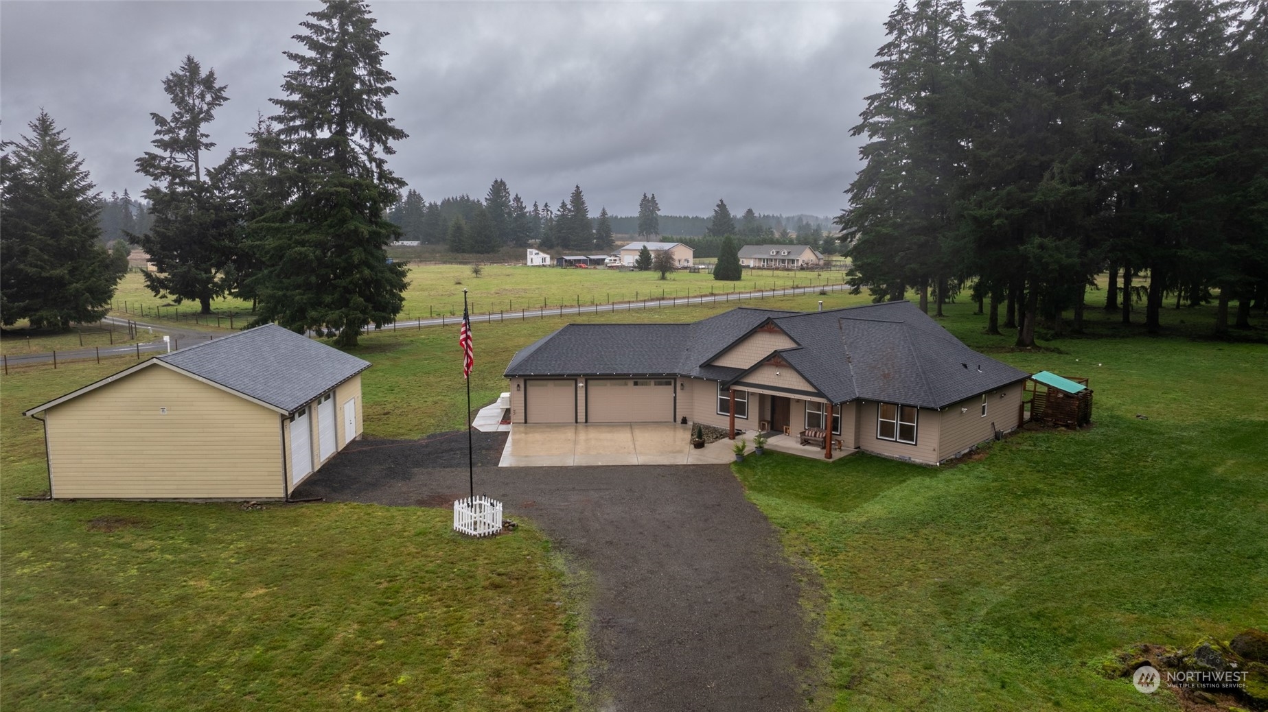 a aerial view of a house with garden