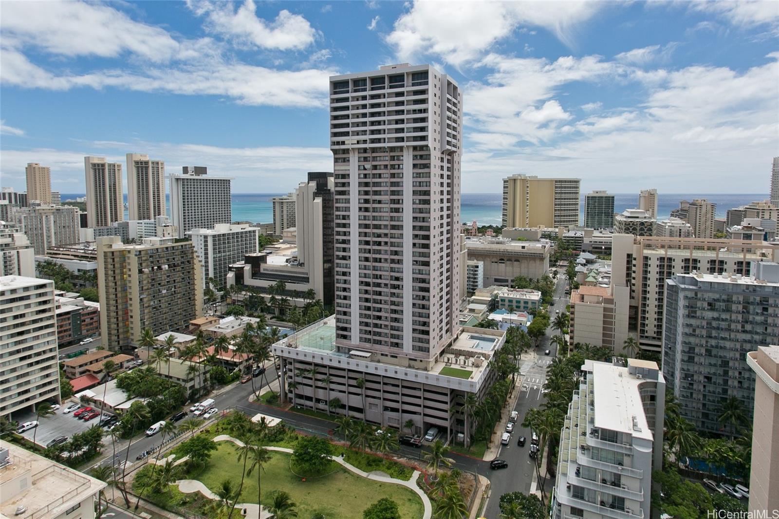 a city view with tall buildings