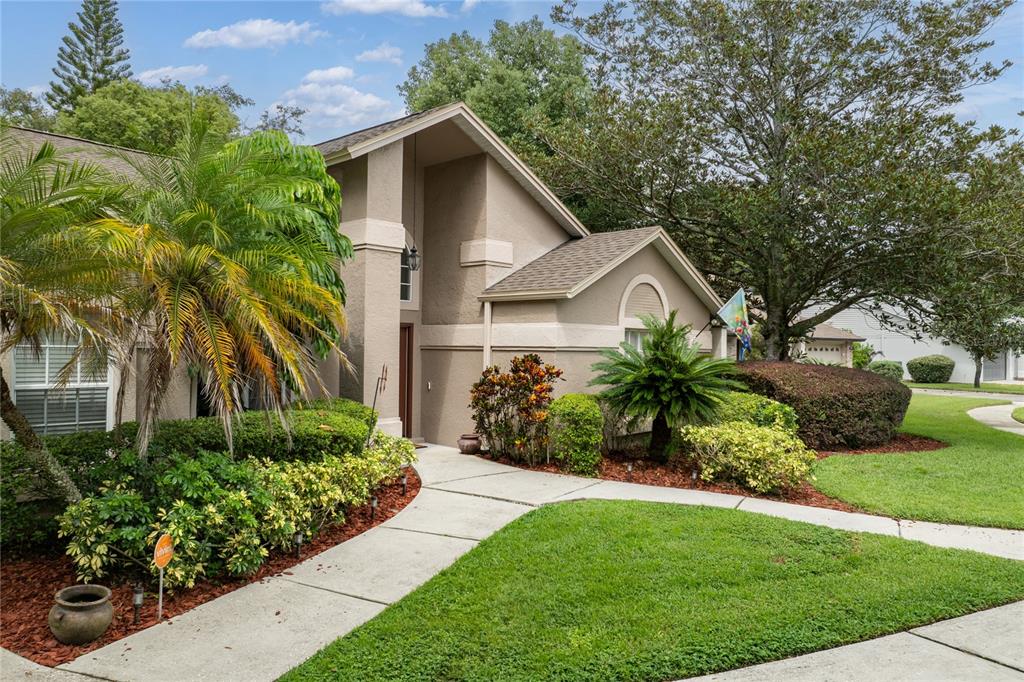 a view of a house with a yard and potted plants