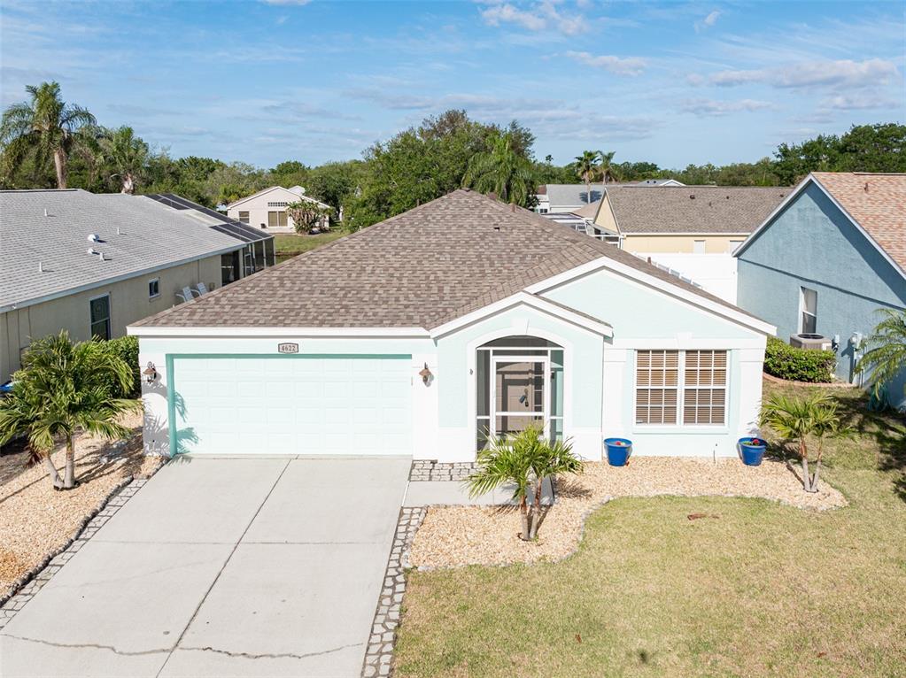 front view of a house with a patio