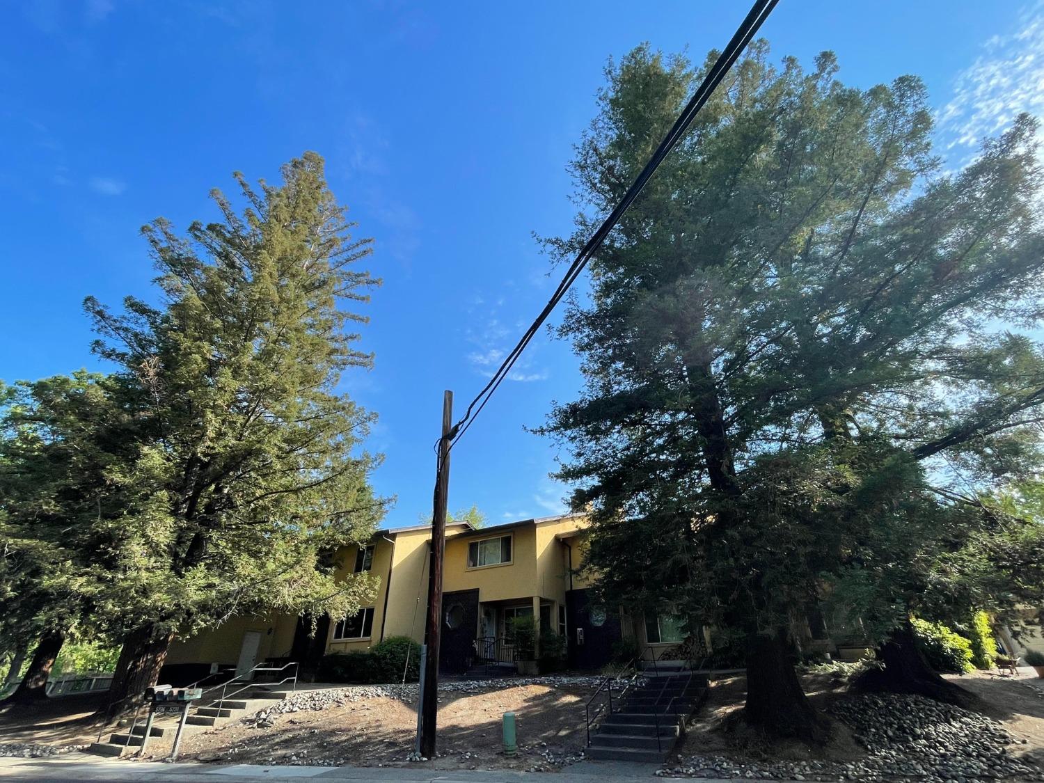 a front view of a house with trees